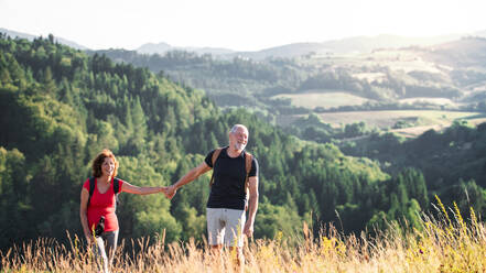 Ein älteres Touristenpaar, das in der Natur wandert und sich an den Händen hält. - HPIF21400