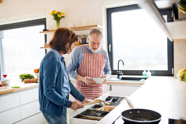 A portrait of happy senior couple in love indoors at home, cooking. - HPIF21465