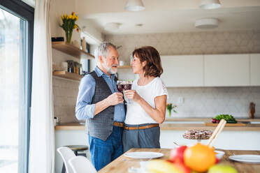 A portrait of happy senior couple in love indoors at home, clinking glasses. - HPIF21481