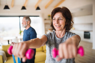 A happy senior couple with dumbbells indoors at home, doing exercise indoors. - HPIF21506