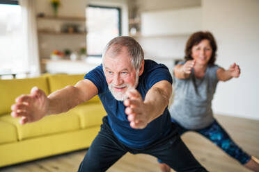 Ein glückliches älteres Ehepaar, das zu Hause in seinem Haus Sport treibt. - HPIF21511