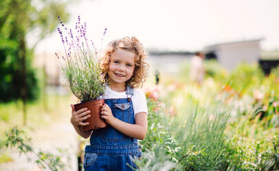 Portrait of small girl standing in the backyard garden, holding a plant in a pot. Copy space. - HPIF21528