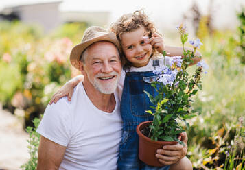 Porträt eines kleinen Mädchens mit seinem älteren Großvater im Garten, stehend und in die Kamera blickend. - HPIF21551