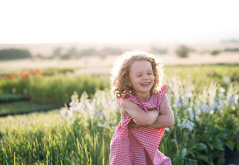 Porträt eines niedlichen kleinen Mädchens, das im Hinterhofgarten steht und spielt. - HPIF21624
