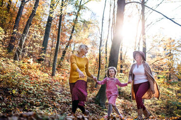Small girl with mother and grandmother on a walk in autumn forest, talking. - HPIF21637