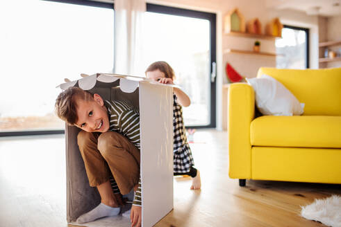 Zwei glückliche kleine Kinder spielen zu Hause im Haus. - HPIF21698