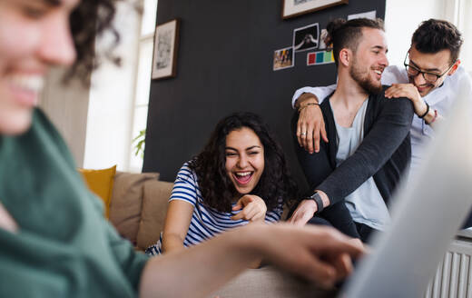 A group of young cheerful friends with laptop sitting at table indoors, house sharing concept. - HPIF21960