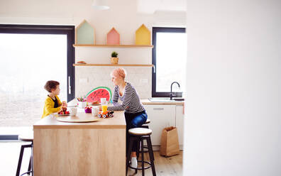 A young woman with a small daughter spending time together in a kitchen, sitting. Copy space. - HPIF22031