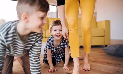 Ein Mittelteil einer jungen Frau mit zwei Kindern, die zu Hause spielen und Spaß haben. - HPIF22057