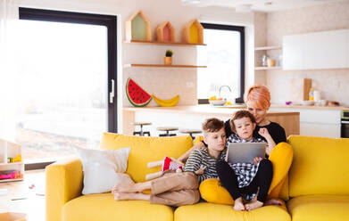 A young woman with two children sitting on sofa indoors at home, using tablet. - HPIF22062