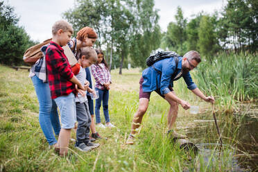 Eine Gruppe von kleinen Schulkindern mit Lehrer auf Exkursion in der Natur. - HPIF22128