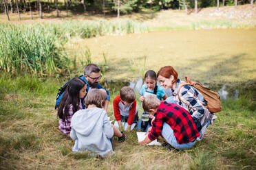 Eine Gruppe von kleinen Schulkindern mit Lehrer auf Exkursion in der Natur. - HPIF22130