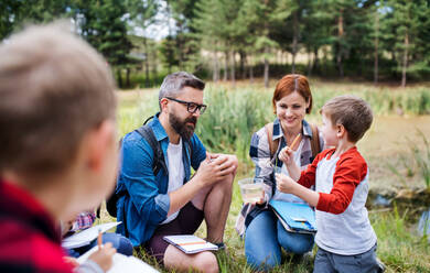 A group of small school children with teacher on field trip in nature, learning science. - HPIF22135