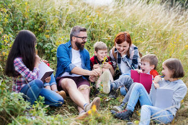 A group of small school children with teacher on field trip in nature. - HPIF22152