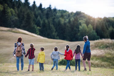 Rückansicht einer Gruppe von Schulkindern mit Lehrer auf Exkursion in der Natur, zu Fuß. - HPIF22182