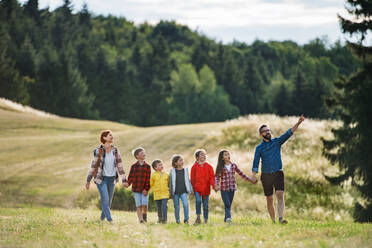 Eine Gruppe von kleinen Schulkindern mit Lehrer auf Exkursion in der Natur, beim Wandern. - HPIF22183