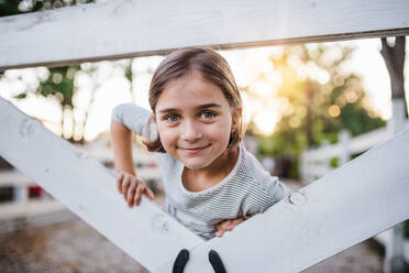 A portrait of happy small girl on family farm, standing by wooden gate. - HPIF22335