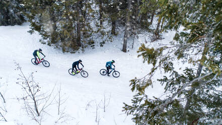 Aerial view of mountain bikers riding on road covered by snow in forest outdoors in winter. - HPIF22348