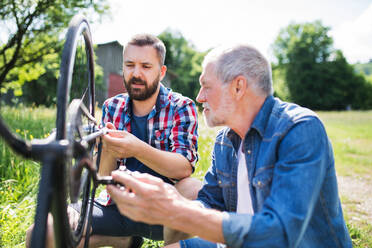 Ein erwachsener Hipster-Sohn und ein älterer Vater reparieren an einem sonnigen Sommertag draußen ihr Fahrrad. - HPIF22538