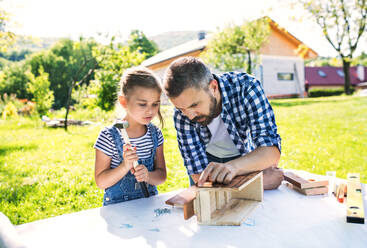 Vater mit einer kleinen Tochter, die draußen ein Vogelhaus oder ein Vogelfutterhaus aus Holz baut. - HPIF22565