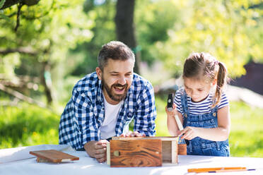 Father with a small daughter outside, making wooden birdhouse or bird feeder. - HPIF22569