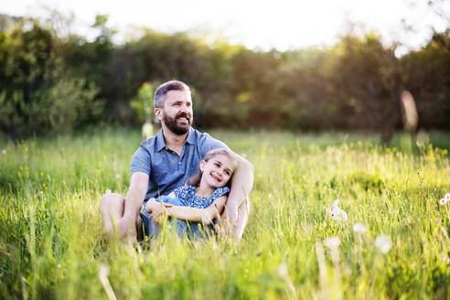 Reifer Vater mit einer kleinen Tochter sitzt auf dem Gras in der sonnigen Frühling Natur. kopieren Raum. - HPIF22614