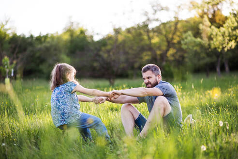 Vater mit kleiner Tochter, die sich in der sonnigen Frühlingsnatur vergnügen. - HPIF22615
