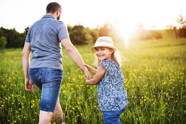 Vater mit kleiner Tochter bei einem Spaziergang in sonniger Frühlingsnatur, Rückansicht. - HPIF22629