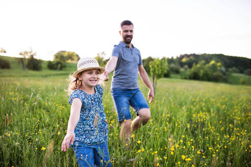 Ein gut aussehender Vater mit einer kleinen Tochter, die im Frühling in der Natur läuft. - HPIF22634