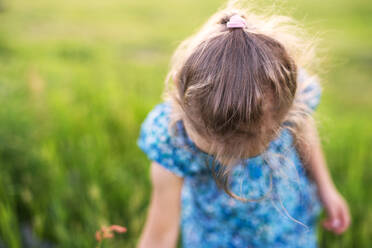Ein unerkennbares kleines Mädchen im Garten in der Frühlingsnatur, Nahaufnahme. - HPIF22647