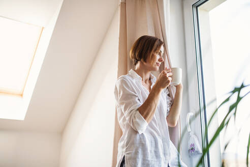 Eine junge Frau mit Nachthemd, die morgens am Fenster steht, hinausschaut und eine Tasse Kaffee in der Hand hält. Raum kopieren. - HPIF22837