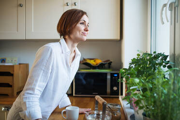 A happy young woman looking out of a window in the kitchen. - HPIF22894