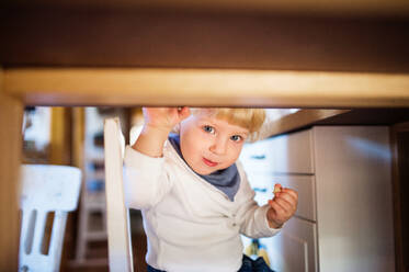 Niedliches Kleinkind, das unter dem Tisch Süßigkeiten isst, Konzept der Kindersicherheit. - HPIF23097