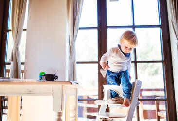 Unbekannter Kleinkindjunge klettert zu Hause in einen hölzernen Hochstuhl. Häuslicher Unfall. Gefährliche Situation zu Hause. - HPIF23103