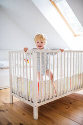 Cute happy toddler boy standing in a cot at home. - HPIF23109