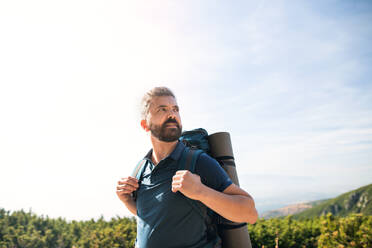 Reifer Mann mit Rucksack beim Wandern in den Bergen im Sommer, beim Ausruhen. - HPIF23245