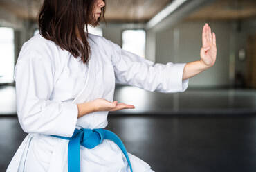 Ein Mittelteil einer attraktiven jungen Frau, die drinnen in einer Turnhalle Karate übt. - HPIF23360