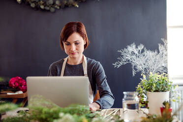 A young creative woman arranging flowers in a flower shop, using laptop. A startup of florist business. - HPIF23436