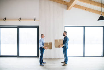 Zwei Männer halten Kartons vor sich, als sie ein neues Haus einrichten, ein neues Wohnkonzept. - HPIF23535