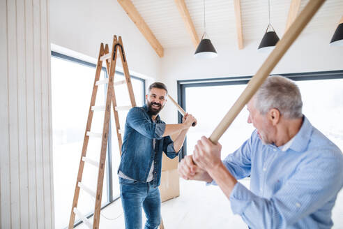 Two cheerful men having fun when furnishing new house, a new home concept. - HPIF23541