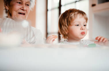Eine ältere Großmutter mit einem kleinen Jungen im Kleinkindalter, der zu Hause Kuchen backt und verziert. - HPIF23613