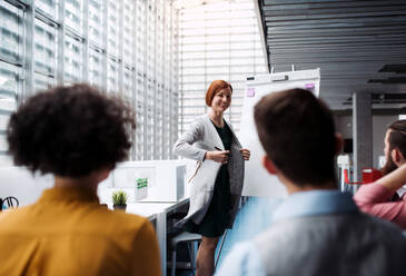 A group of young businesspeople listening to a presentation in office, talking. - HPIF23647