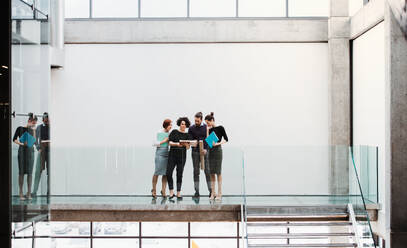 A group of young businesspeople standing near a staircase, talking. - HPIF23696