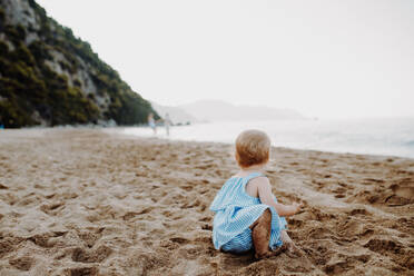 A small toddler girl playing in sand on beach on summer holiday. Copy space. - HPIF23788
