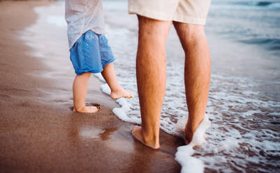 Ein Vater mit einem Kleinkind, das im Sommerurlaub am Strand spazieren geht. - HPIF23843