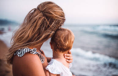 Eine Nahaufnahme einer jungen Mutter mit einem Kleinkind am Strand im Sommerurlaub, Rückansicht. - HPIF23850