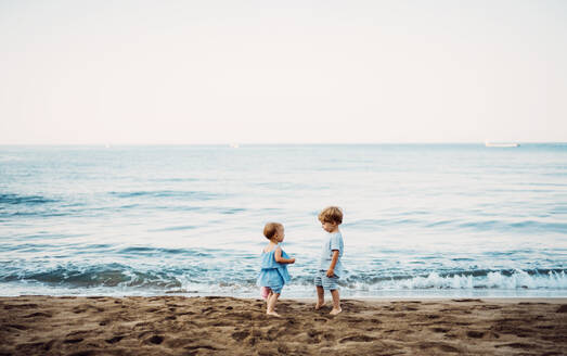 Zwei Kleinkinder spielen im Sommerurlaub mit der Familie am Sandstrand. - HPIF23859