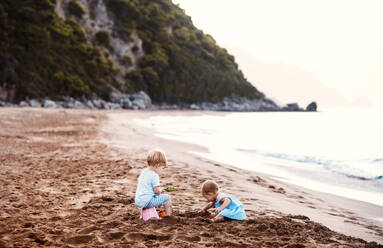 Zwei Kleinkinder spielen im Sommerurlaub mit der Familie am Sandstrand. - HPIF23869