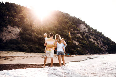 Rückansicht einer Familie mit zwei Kleinkindern, die im Sommerurlaub bei Sonnenuntergang am Strand stehen. - HPIF23893