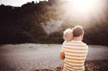 Rückansicht eines Vaters mit einem kleinen Jungen, der im Sommerurlaub bei Sonnenuntergang am Strand steht. Raum kopieren. - HPIF23899
